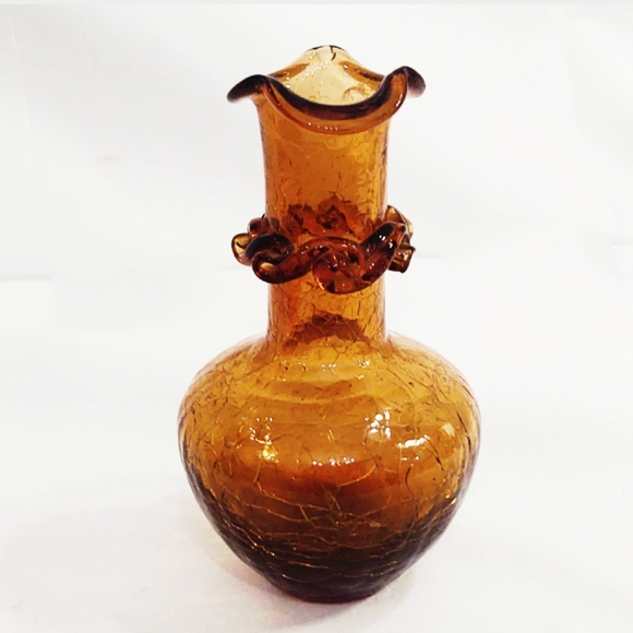 Vintage Mid-Century Modern Pilgrim Amber Crackle Glass Pitcher and Vase - Picture 13 of 14